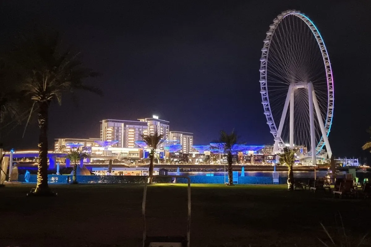 Колесо обозрения Ain Dubai на набережной острова Bluewaters в Дубае ночью