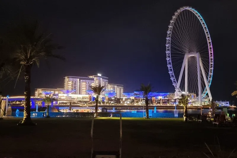 Колесо обозрения Ain Dubai на набережной острова Bluewaters в Дубае ночью