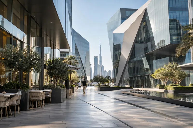 Современные геометрические здания района Dubai Design District в Дубае.