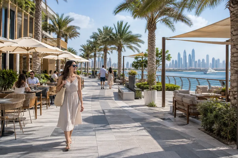 Широкий променад Dubai Islands Waterfront с павильонами кафе и пальмами вдоль воды.