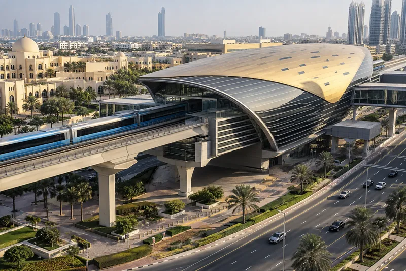 Футуристическое здание наземной станции метро Dubai Healthcare City в Дубае