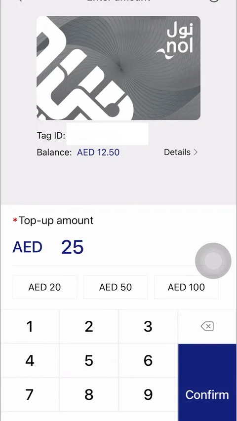 Приложение nol Pay на смартфоне: пополнение карты NOL на 25 AED