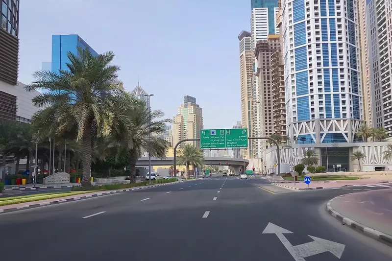 Высотки и пальмы района Dubai Marina в Дубае