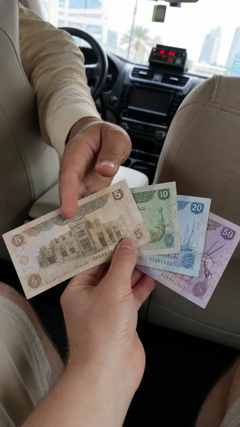 Оплата такси наличными дирхамами на заднем сиденье