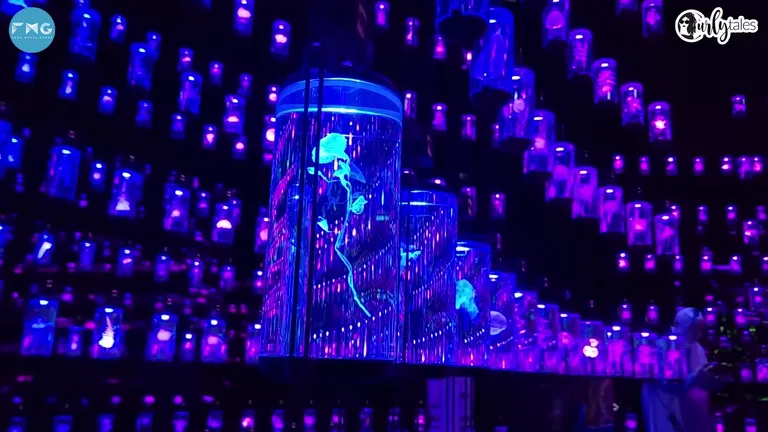 Экспозиция с подсвеченными стеклянными цилиндрами, представляющая собой цифровую библиотеку ДНК различных видов.