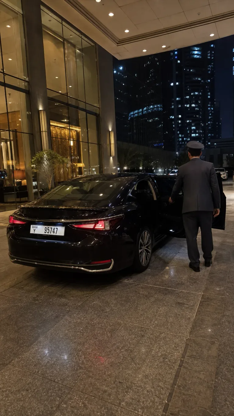 Черный Lexus от Uber у входа в отель ночью