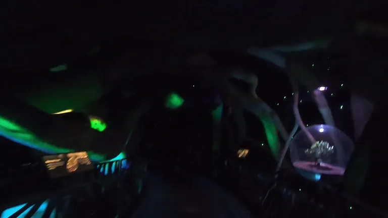 Dark exhibit space with glowing green and blue organic light structures.