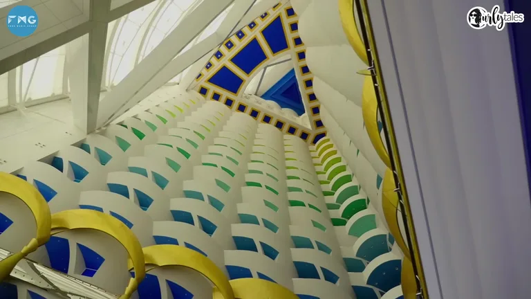 Вид снизу вверх на многоярусные цветные балконы в огромном атриуме отеля Burj Al Arab.