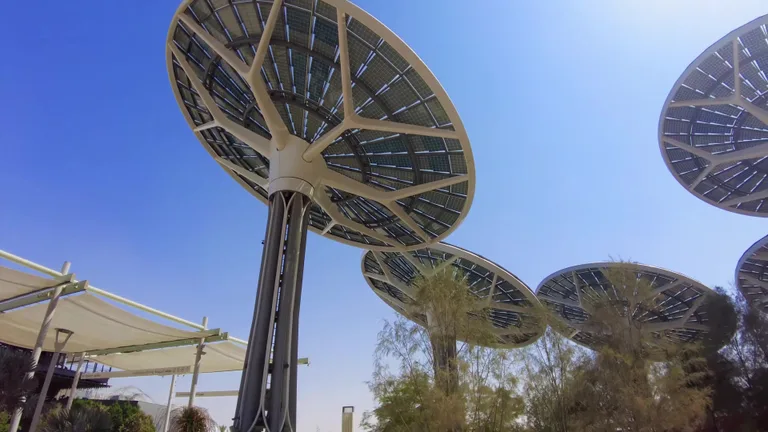 Large white solar structures shaped like trees against a clear blue sky.