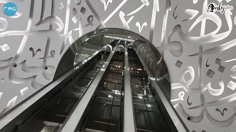 Вид на капсульные лифты, движущиеся вертикально внутри центральной шахты с окнами-каллиграфией.