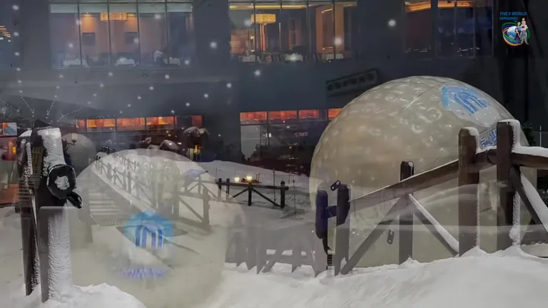 Два шара для зорбинга на снежном склоне на фоне стеклянных стен и галерей торгового центра.