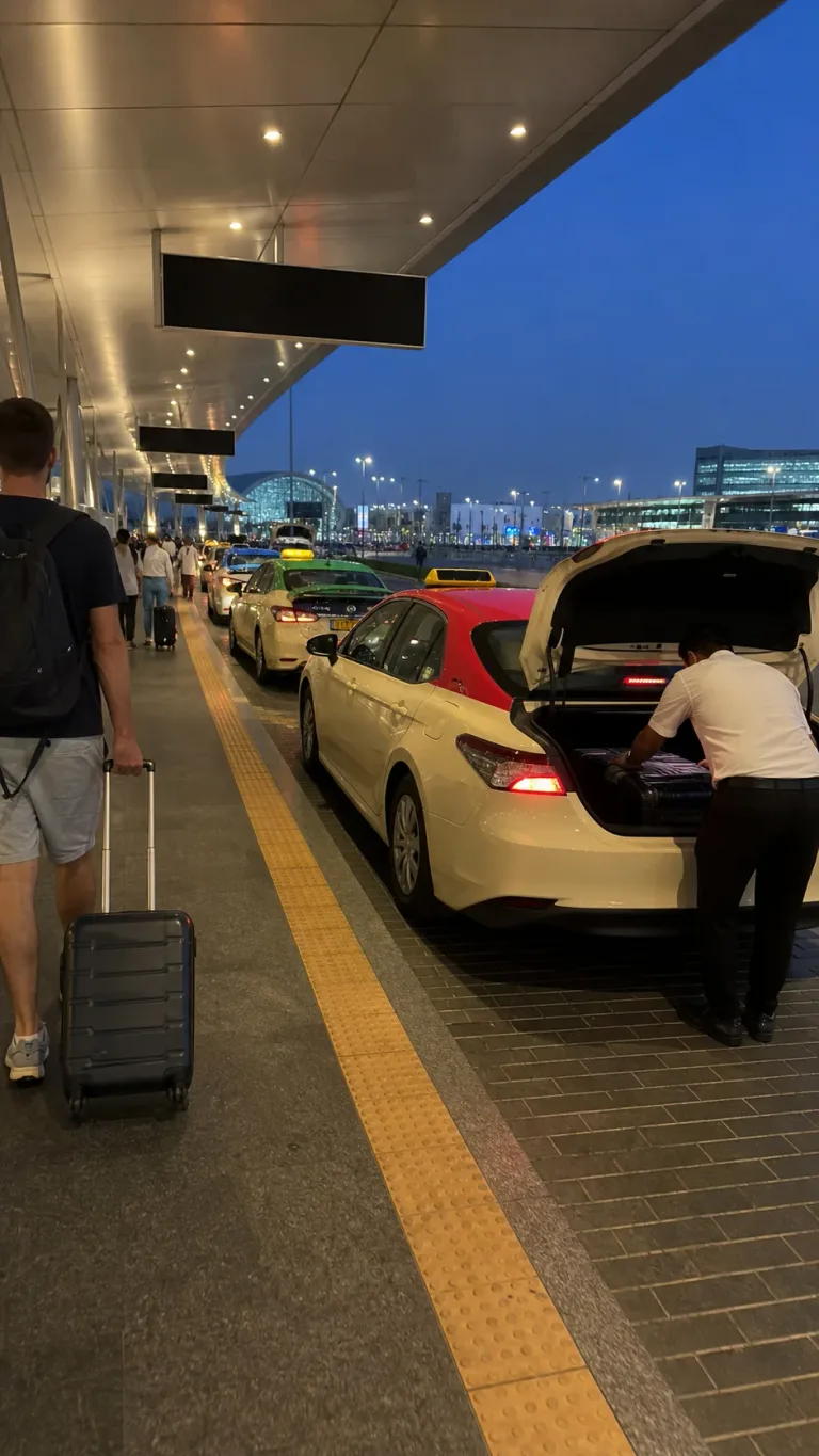 Очередь кремовых такси на официальной стоянке у терминала DXB
