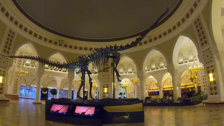 Скелет динозавра Dubai Dino, выставленный в просторном зале с арками.