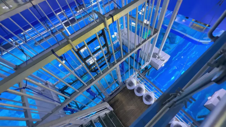 Вид сверху на погруженную стальную клетку, предназначенную для экстремальных погружений к акулам.