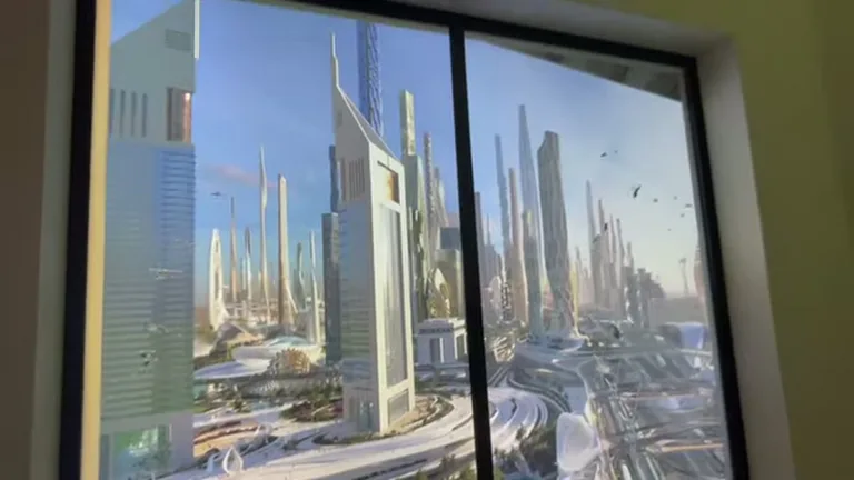 Вид через окно на футуристический город с летающими машинами