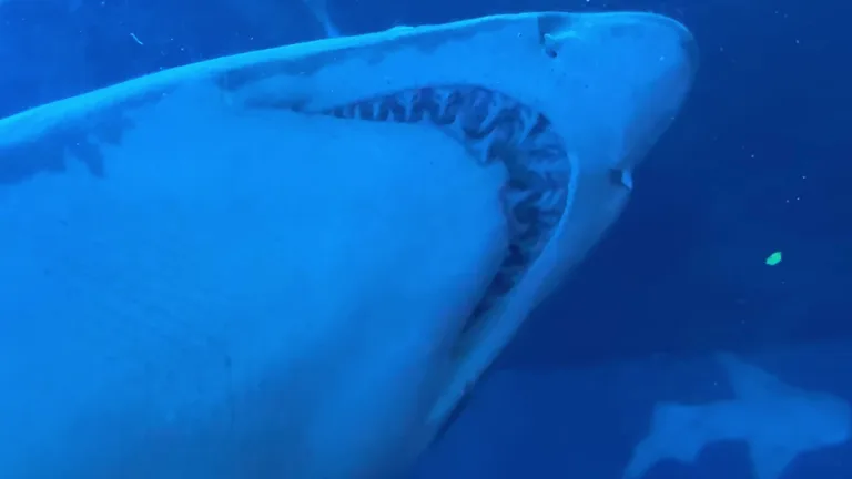 Крупный план открытой пасти акулы с рядами острых зубов в аквариуме.