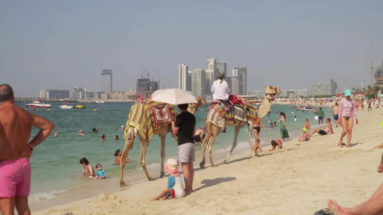 Кайтсерферы на воде и отдыхающие на песчаном берегу пляжа Kite Beach в ясный солнечный день.