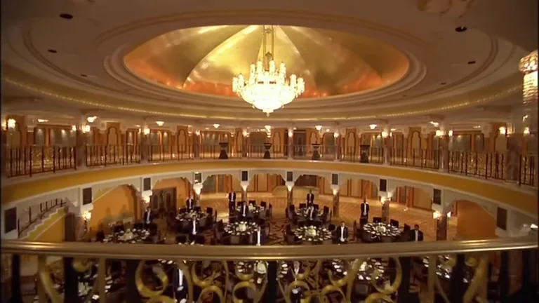 Просторный банкетный зал отеля с золотым куполообразным потолком, хрустальной люстрой и двухуровневыми резными балконами.